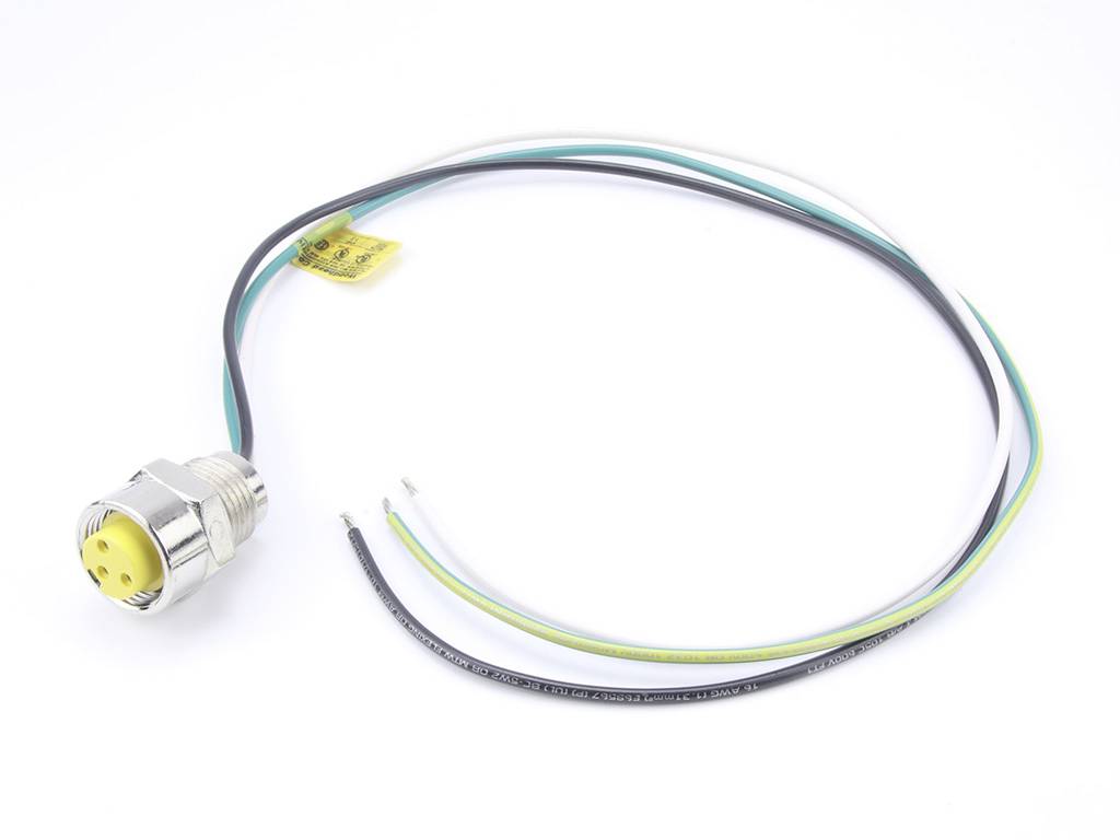 Metallischer M12-Steckverbinder mit drei bunten Kabeln: schwarz, grün-gelb und grün. Geeignet für elektrische Verbindungen.