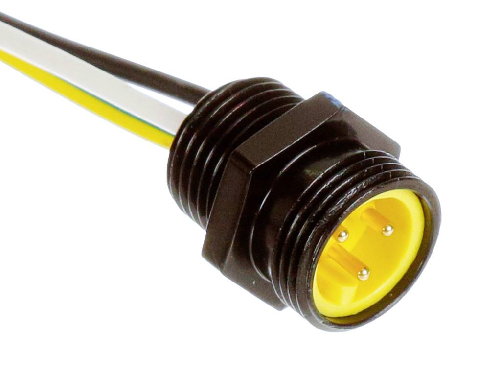 Ein gelber Steckverbinder mit drei Pins und einem schwarzen Gehäuse, an dem mehrere Kabel angeschlossen sind.