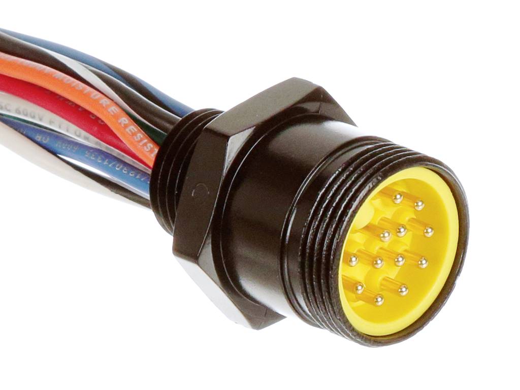 Ein runder, gelber Mehrfachstecker mit schwarzen Umrandungen und mehreren farbigen Kabeln dient zur elektrischen Verbindung.