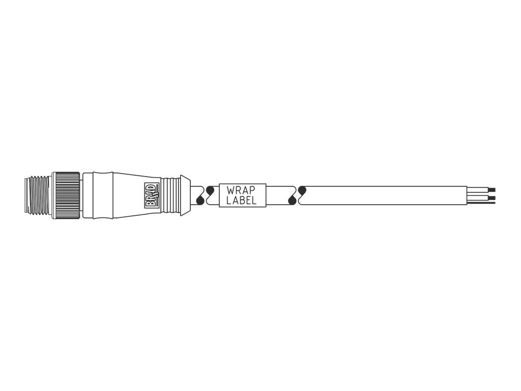 Das Bild zeigt einen elektrischen Stecker mit einem langen, schmalen Kabel, das ein Etikett mit der Aufschrift 'WRAP LABEL' trägt.