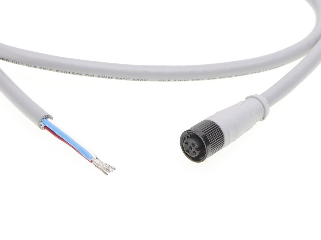 Grau ummanteltes Kabel mit einem offenen Ende und einem 4-poligen Stecker, geeignet für elektronische Verbindungen.