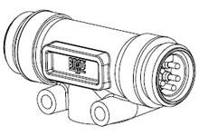 Technische Zeichnung eines Sensors mit zylindrischer Form und Anschlussstiften, montiert auf einer Halterung.