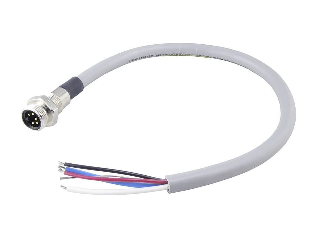 Graues Kabel mit einem 5-poligen Stecker an einem Ende und offenen Drahtenden. Die Drähte sind rot, blau, schwarz und weiß isoliert.
