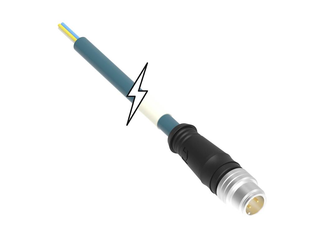 Stecker mit Kabel und Blitzsymbol, das eine elektrische Gefahr oder Spannung anzeigt.