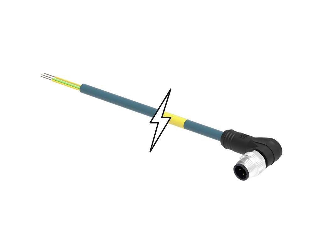 Ein grünes, abgewinkeltes Kabel mit metallischem Stecker und freiliegenden Drahtenden, daneben ein Blitzsymbol, das Elektrizität andeutet.
