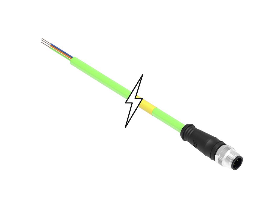 Elektrisches Kabel mit grünem Schutzmantel und Stecker; durchtrennt und nicht funktionsfähig; Symbol eines Blitzes zeigt Beschädigung.