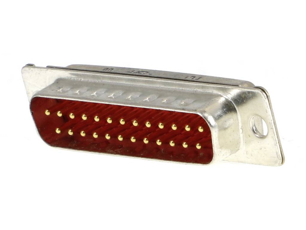 Ein D-Sub-Stecker mit rotem Gehäuse und 25 goldfarbenen Pin-Kontakten, typischerweise für Computer- und Elektronikverbindungen verwendet.