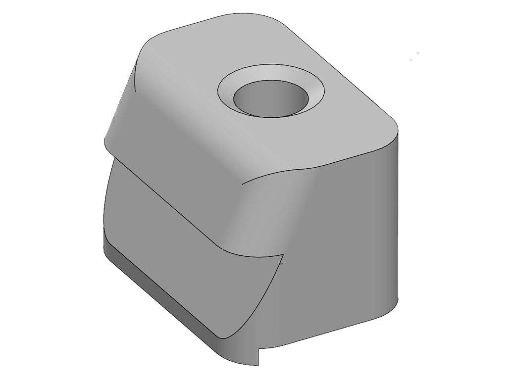 Graues, geometrisches 3D-Objekt mit abgerundeten Kanten und einem Loch oben. Möglicher Bestandteil einer technischen Konstruktionszeichnung.