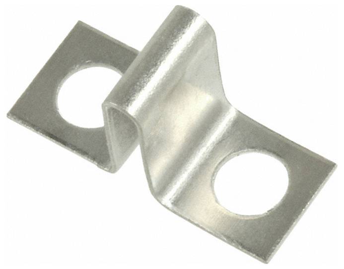 Eine Metallhalterung mit zwei flachen Seiten und einer erhöhten Mitte, an jedem Ende befindet sich ein kreisförmiges Loch zum Befestigen.