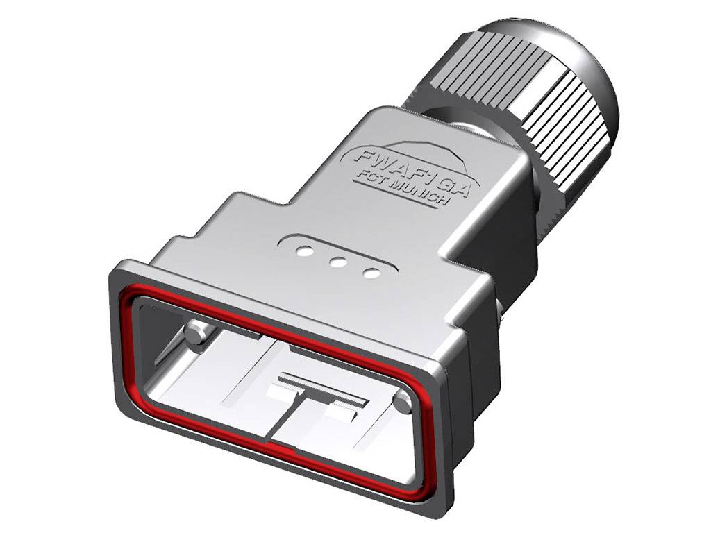Ein rechteckiger Metallstecker mit roter Dichtung und Schraubverschluss, vermutlich für elektrische Verbindungen oder Kabelverbindungen.