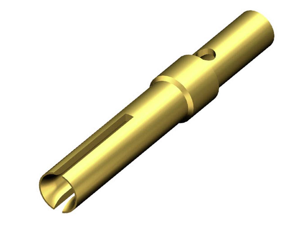 Messingfarbener Metallstecker mit zylindrischem Körper und Aussparungen, vermutlich ein elektrischer Stecker.