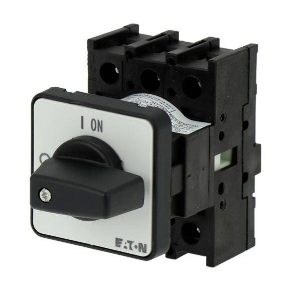 Ein schwarzer und weißer elektrischer Drehschalter von Eaton mit 'ON'-Aufschrift.