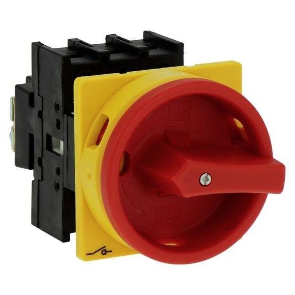 Gelber und roter Lasttrennschalter in der Aus-Position, mit schwarzem Schaltkasten, geeignet für elektrische Sicherheitsanwendungen.