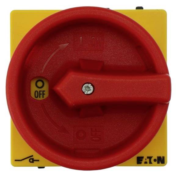 Ein roter Not-Aus-Schalter auf gelbem Hintergrund, zeigt Position 'OFF'. Design von Firma Eaton, verwendet zur Unterbrechung eines Stromkreises.