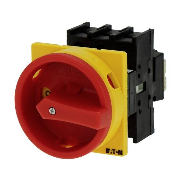 Roter Drehschalter auf gelbem Sockel, verwendet zur Steuerung elektrischer Geräte. Herstellerlogo unten rechts auf dem Sockel.