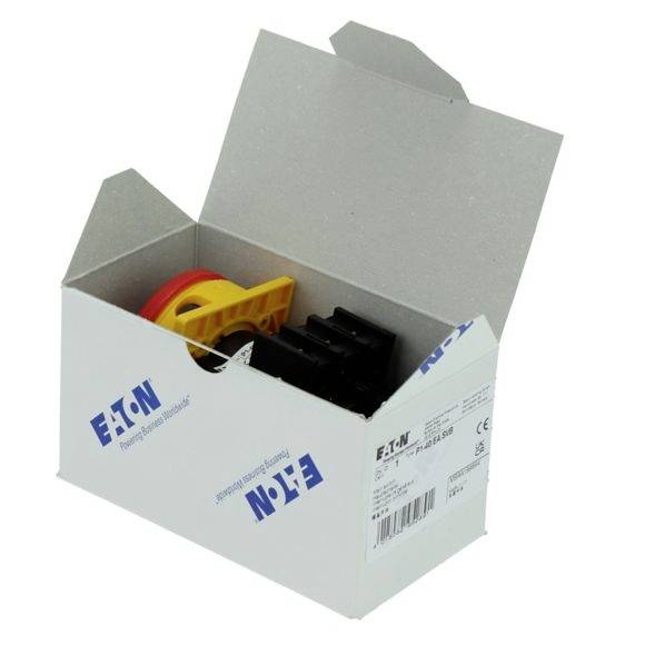 Eine geöffnete weiße Box mit 'Eaton' Logo, enthält gelbe und schwarze Kunststoffteile. Box dient zur Aufbewahrung oder zum Versand.