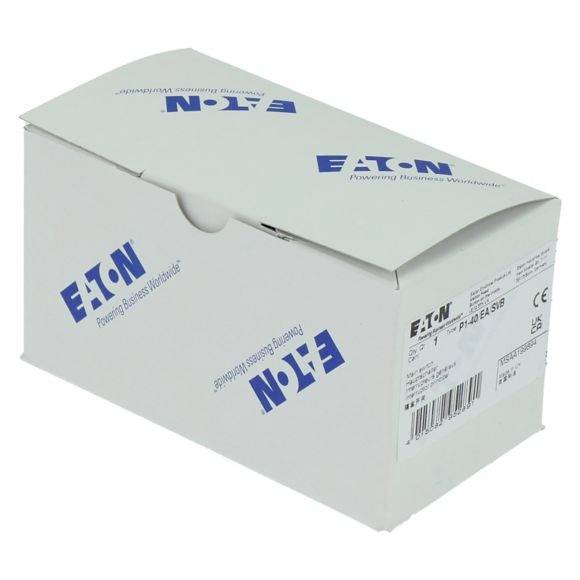 Kartonverpackung mit dem Logo 'EATON' auf dem Deckel. Die Schachtel ist geschlossen, zeigt Produktdetails auf der Seite.