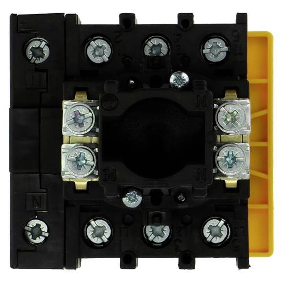Schütz für elektrische Schaltungen mit mehreren Schraubklemmen, montiert auf gelber Grundplatte.