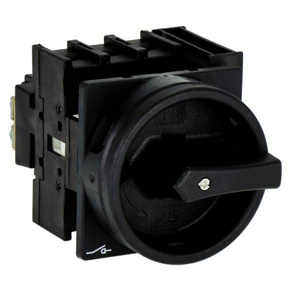 Ein schwarzer Drehschalter, der je nach Schalterstellung unterschiedliche elektrische Funktionen aktiviert, dargestellt in einer seitlichen Ansicht.