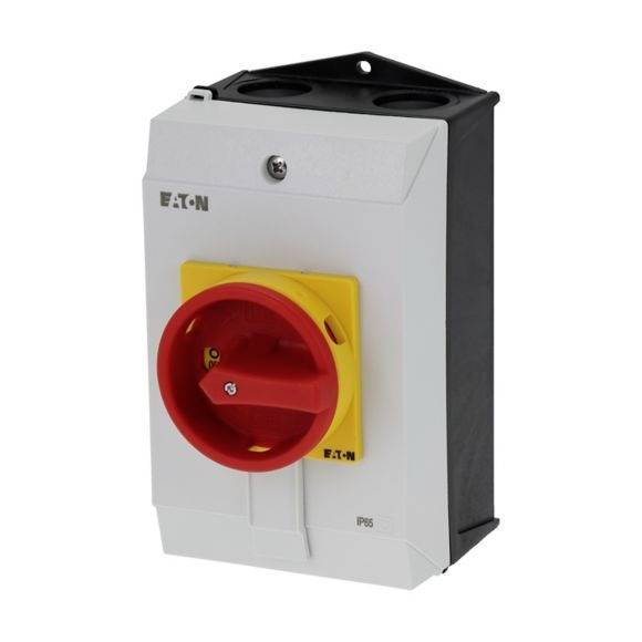 Elektrischer Schalter in einem grauen Gehäuse mit rotem, rundem Griff und gelbem Hintergrund.