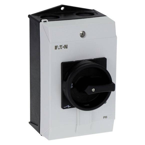 Ein Lasttrennschalter von Eaton in einem grauen Gehäuse, geeignet für industrielle Anwendungen, bietet Schutzart IP65.