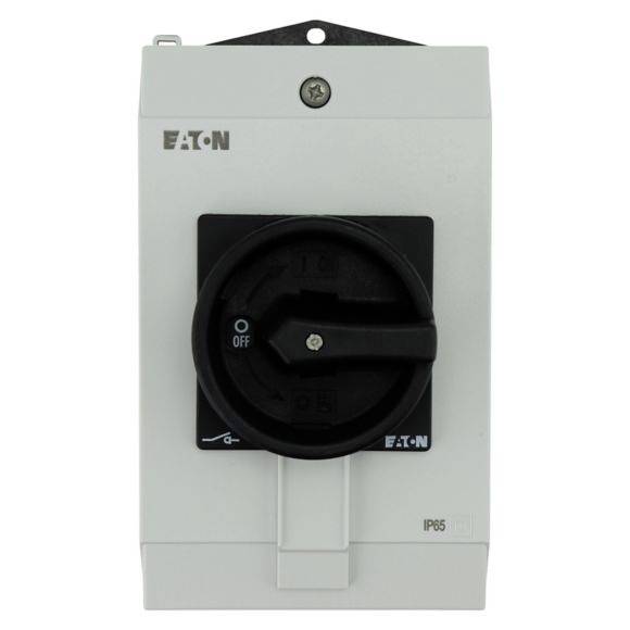 Produktbild eines EATON Sicherheitsschalters mit Drehgriff, gekennzeichnet mit 'O' für aus und 'I' für ein; geeignet für IP65-Umgebungen.