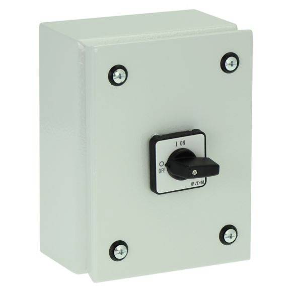 Elektrischer Schalterkasten mit schwarzem Hebelschalter, markiert mit 'ON' und 'OFF'. Montiert auf rechteckiger, weißer Box.