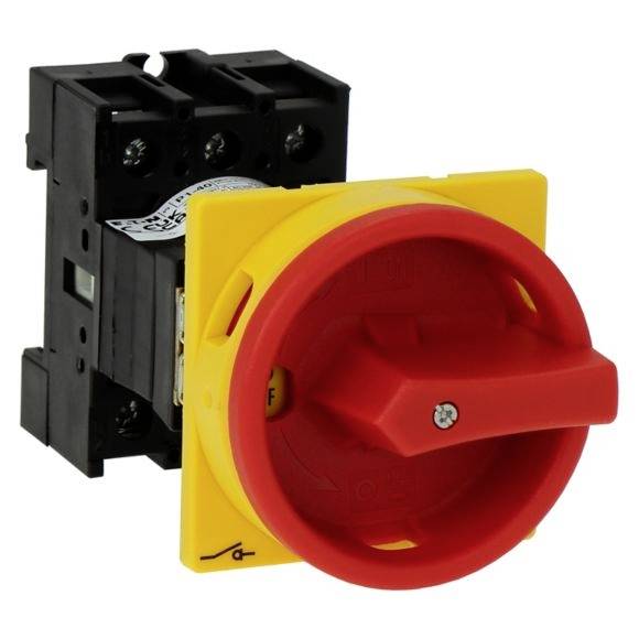 Abgebildet ist ein Hauptschalter, rot-gelbes Gehäuse, zum Trennen elektrischer Stromkreise, häufig in industriellen Anwendungen genutzt.
