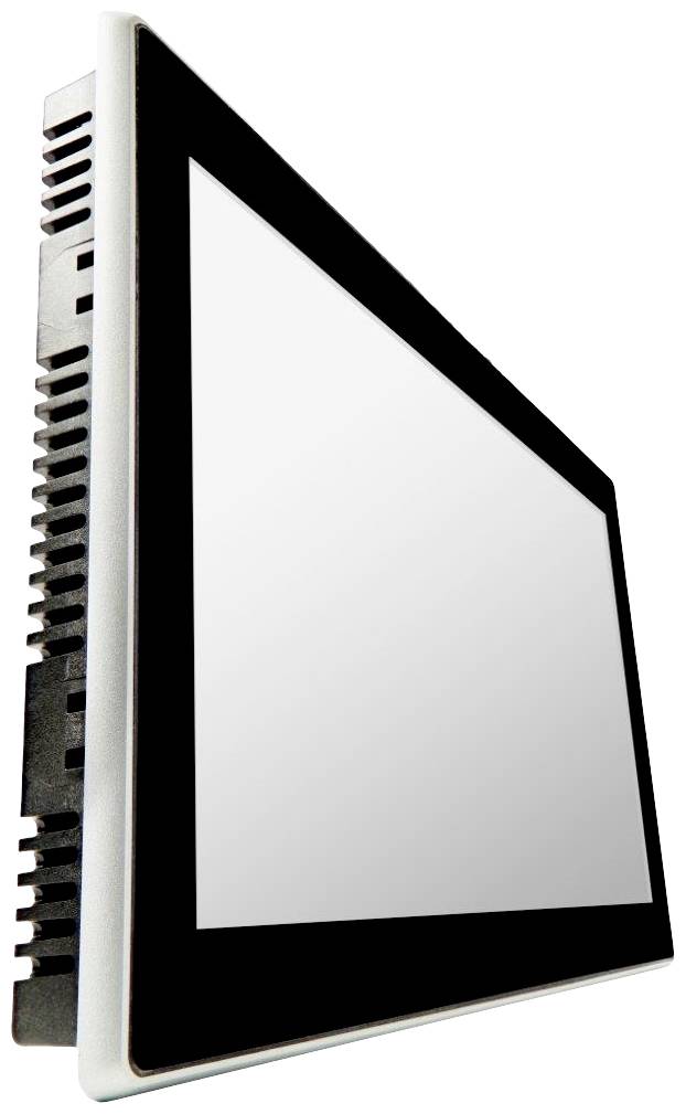 Flacher Computerbildschirm seitlich gesehen, mit silbernem Rahmen und schwarzem Bildschirm.