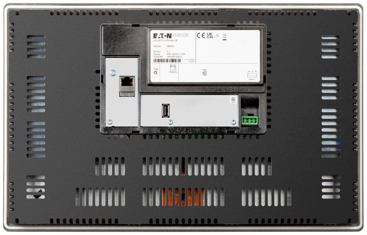 Rückansicht eines elektrischen Geräts mit Ethernet- und USB-Anschluss sowie Herstelleraufkleber, der technische Spezifikationen zeigt.