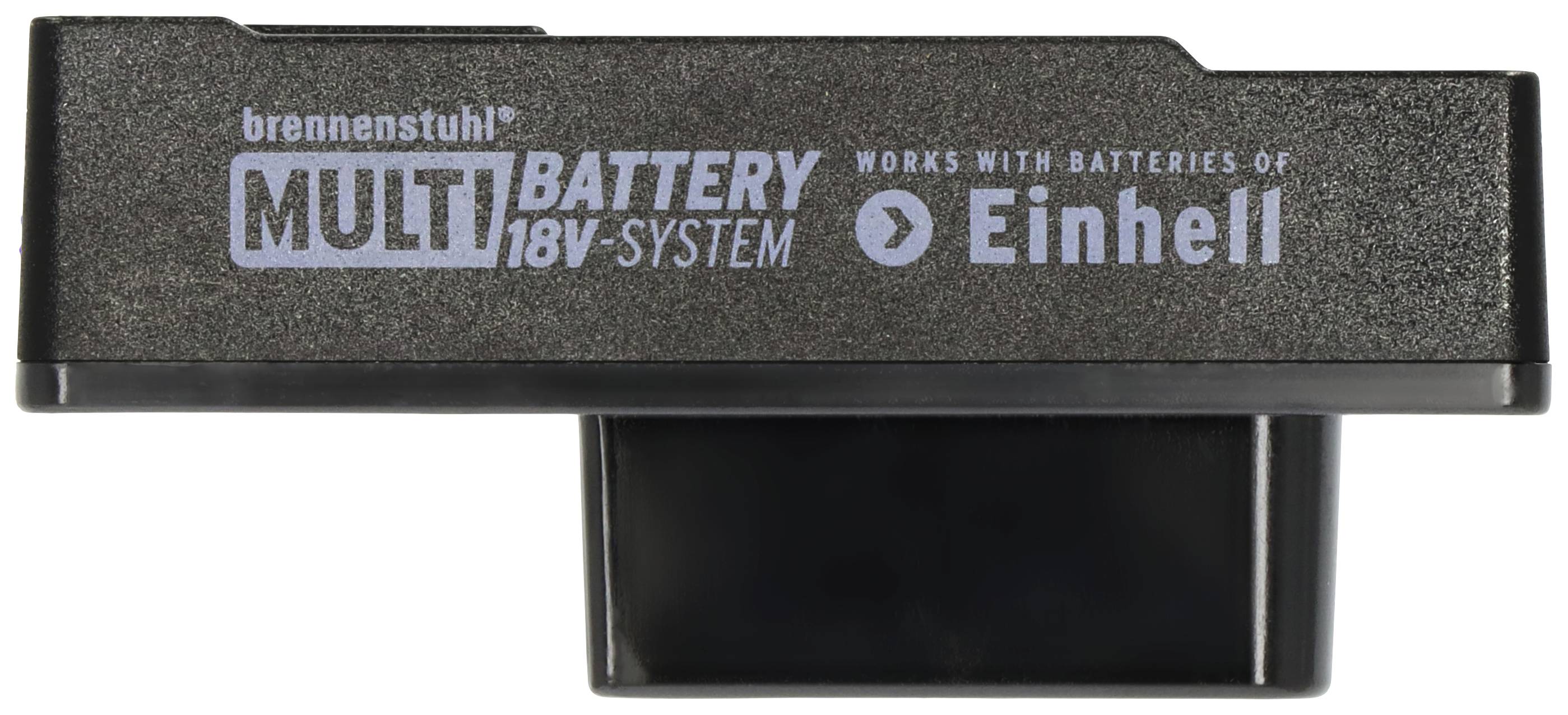 Adapter für 'brennenstuhl' Multi-Battery 18V-System, kompatibel mit Einhell-Batterien. Schwarzes Gehäuse, Seitenansicht.