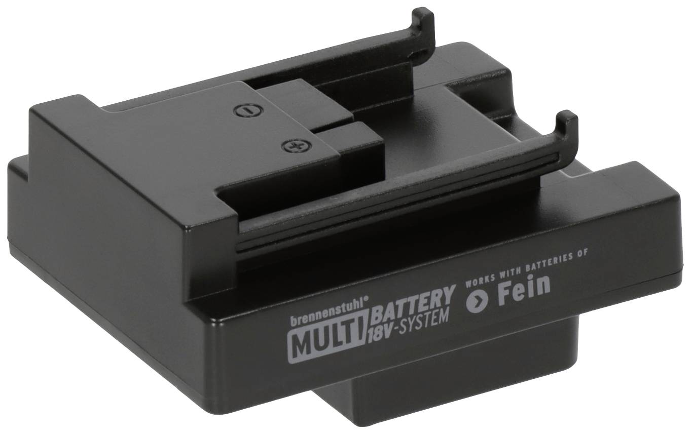 Adapter für das 'brennenstuhl' Multibatterie 18V-System, kompatibel mit Fein-Batterien. Schwarzes Kunststoffgehäuse mit Halterungen.