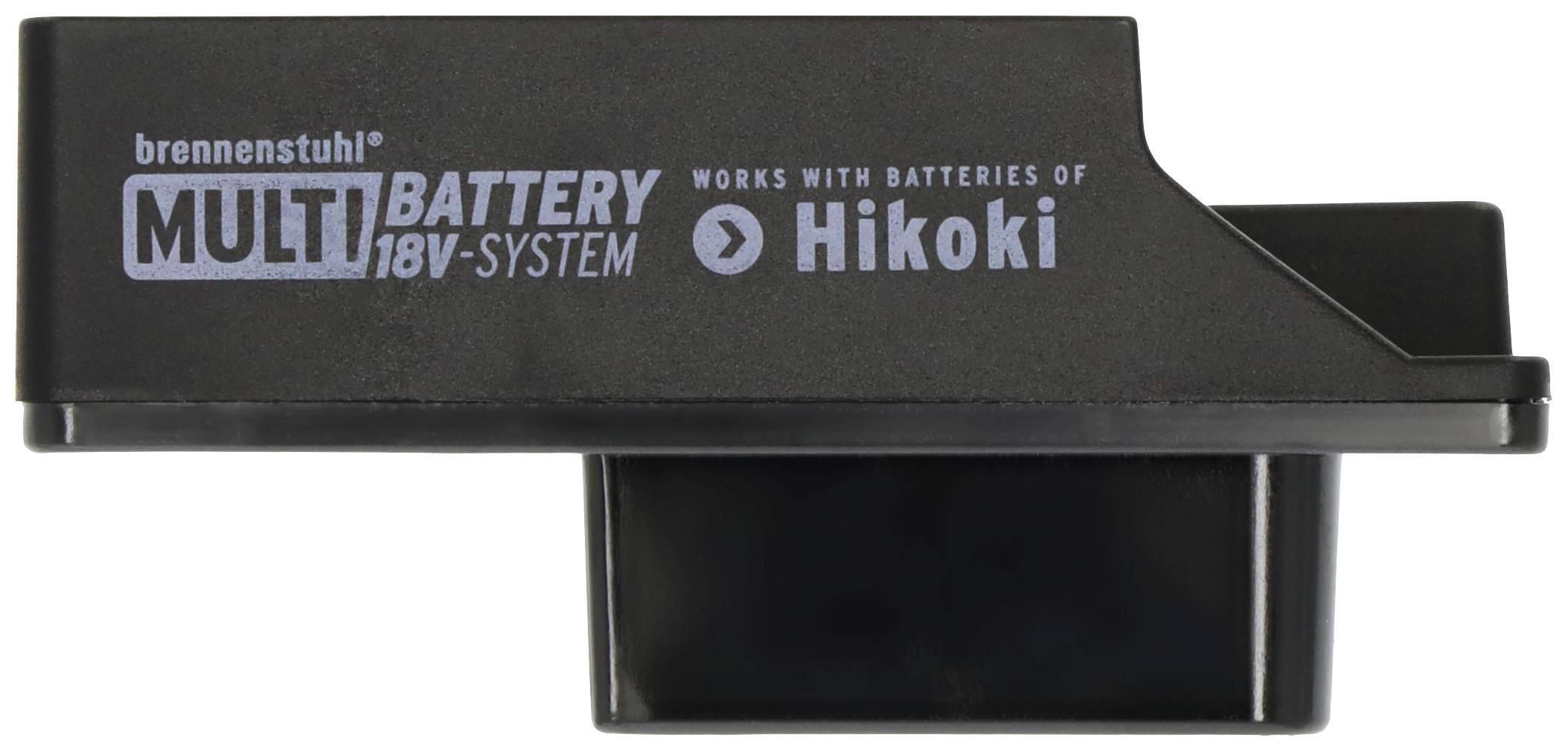 Schwarzes Adapter-Teil mit Aufschrift 'brennenstuhl MULTI BATTERY 18V-SYSTEM', kompatibel mit 'Hikoki' Batterien.