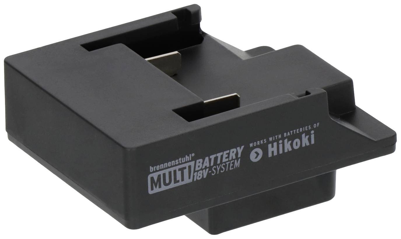 'Brennenstuhl Multi Battery 18V-System' Ladegerät für Hikoki-Akkus. Schwarzes, kompaktes Design für werkzeuglose, flexible Nutzung.
