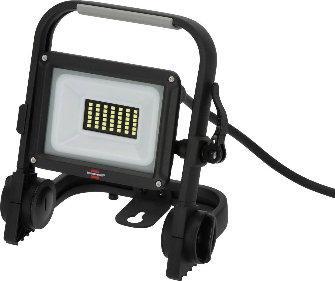 Tragbare schwarze LED-Arbeitsleuchte mit verstellbarem Ständer und Stromkabel auf weißem Hintergrund.