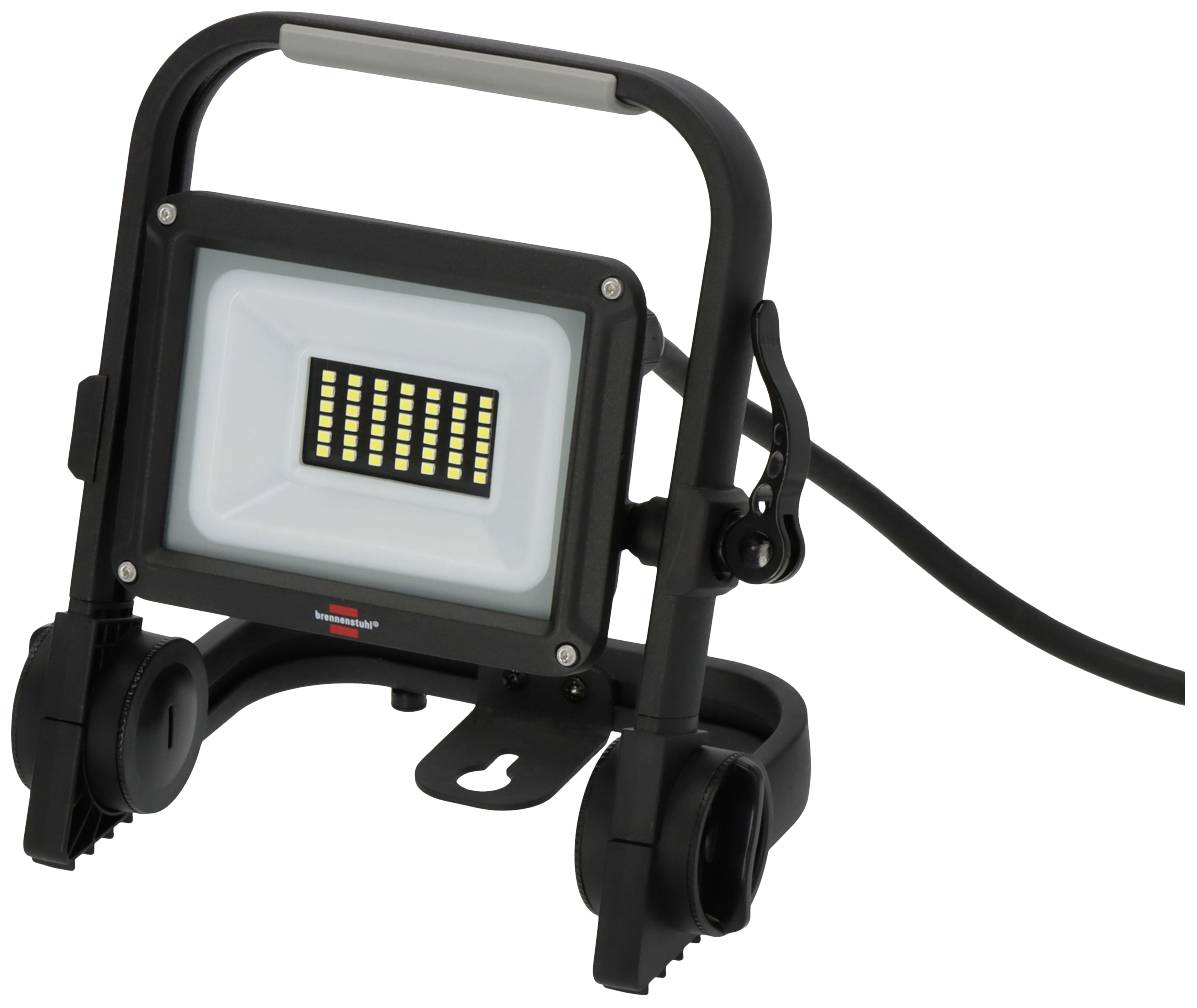 Ein tragbarer LED-Arbeitsstrahler mit robustem Metallrahmen und Kabel, geeignet für den Einsatz auf Baustellen oder in Werkstätten.