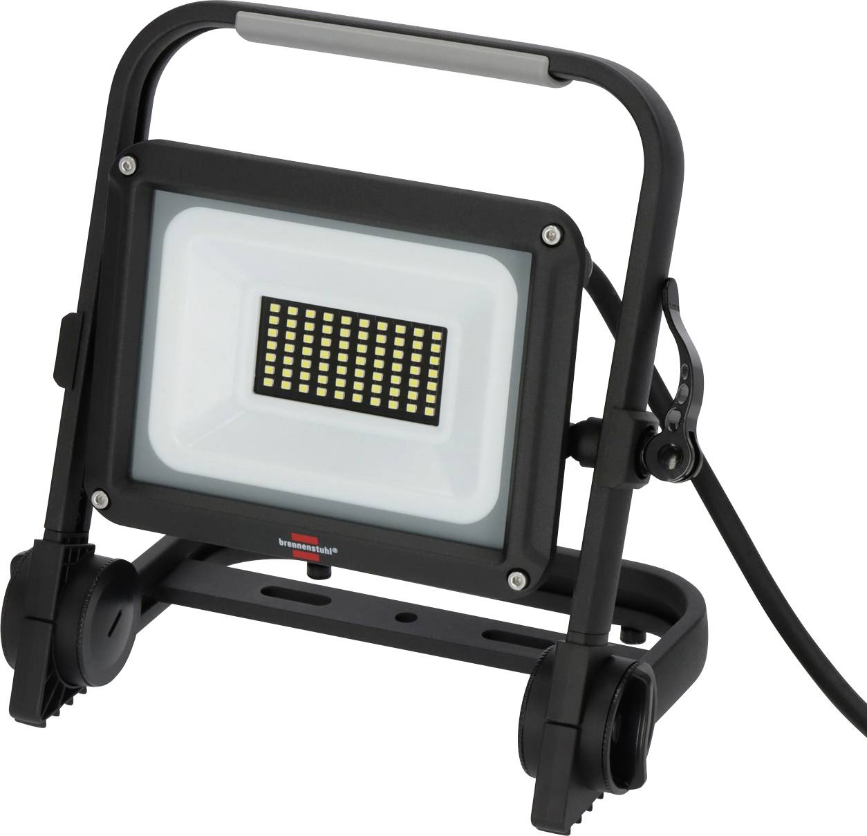 Tragbares schwarzes LED-Flutlicht mit verstellbarem Rahmen und Ständer, dargestellt vor weißem Hintergrund.