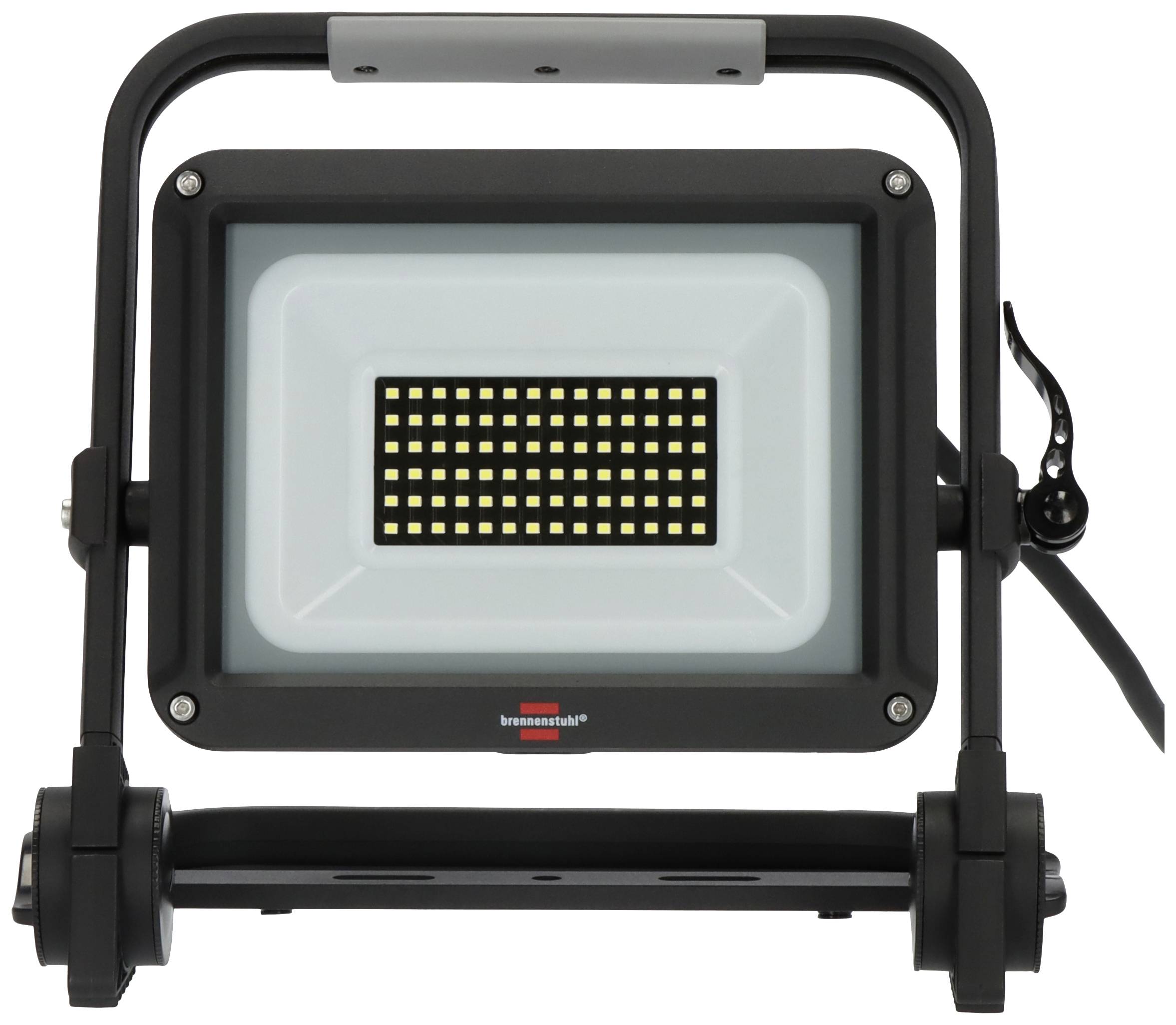 Ein schwarzer LED-Baustrahler mit rechteckigem Gehäuse und vielen sichtbaren LED-Leuchten. Entwickelt für den Einsatz bei Bauarbeiten.