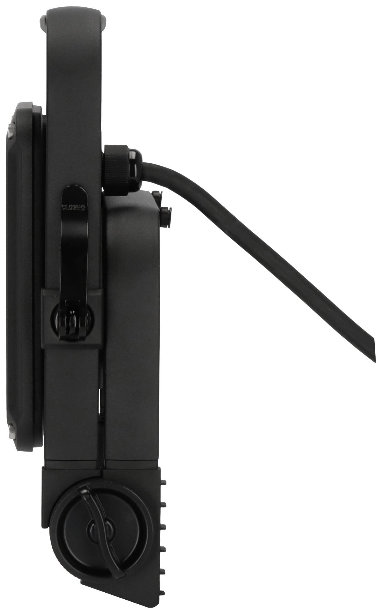 Seitenansicht einer schwarzen, tragbaren Leuchte mit flexiblem Arm und Clip-Befestigung, geeignet für verschiedene Oberflächen.
