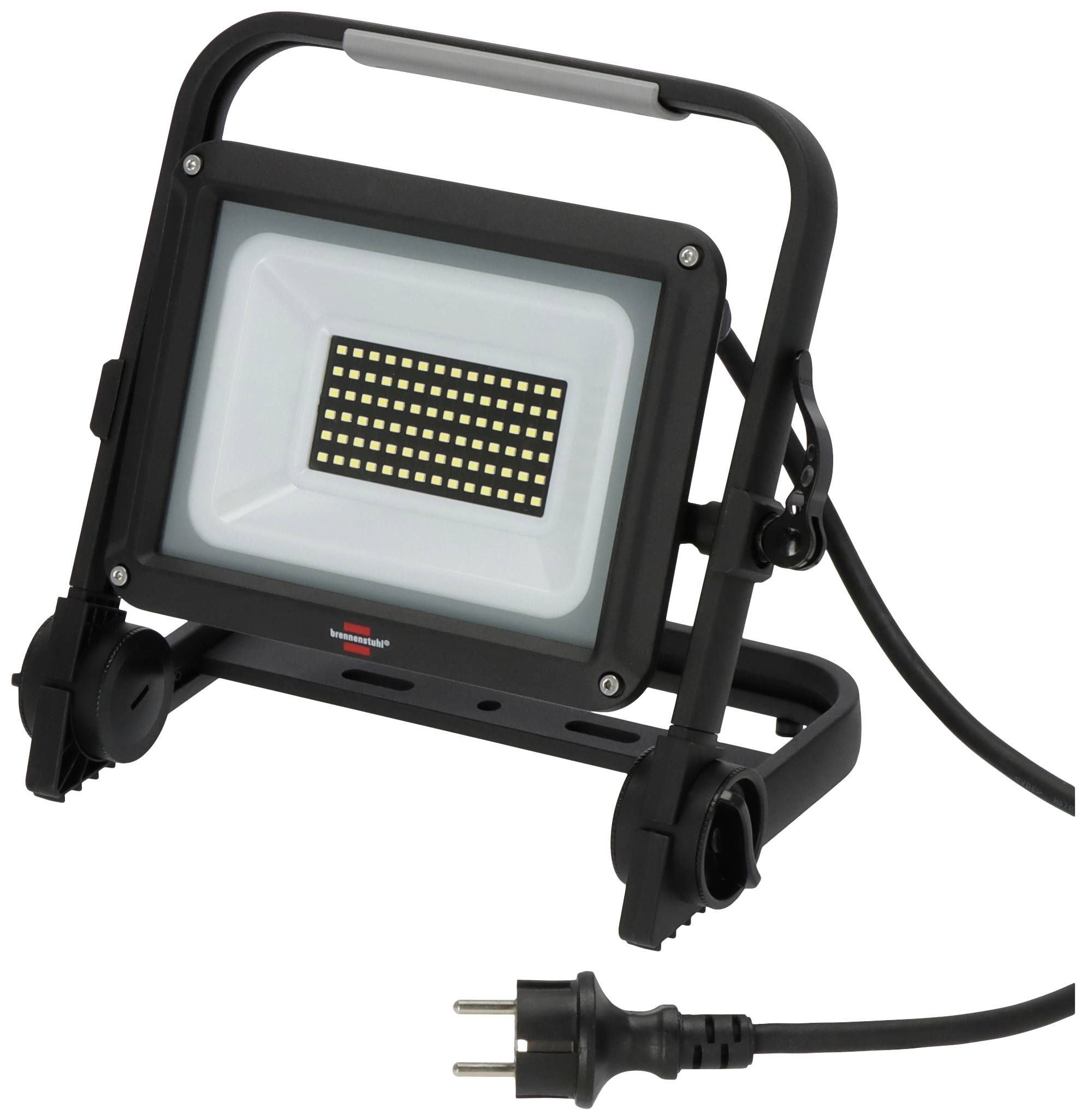 Ein beweglicher LED-Strahler mit schwarzem Gehäuse und Griff, zeigt das Stromkabel mit Stecker.