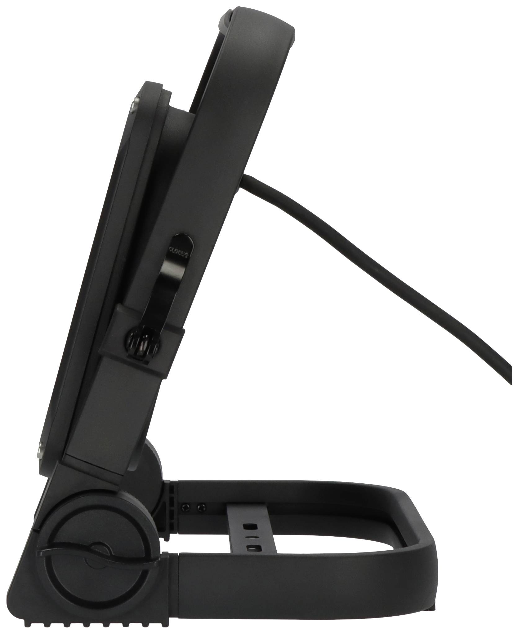 Ein schwarzer, zusammenklappbarer, tragbarer Monitorständer aus der Seitenansicht. Ein Kabel ist an der Rückseite angeschlossen.