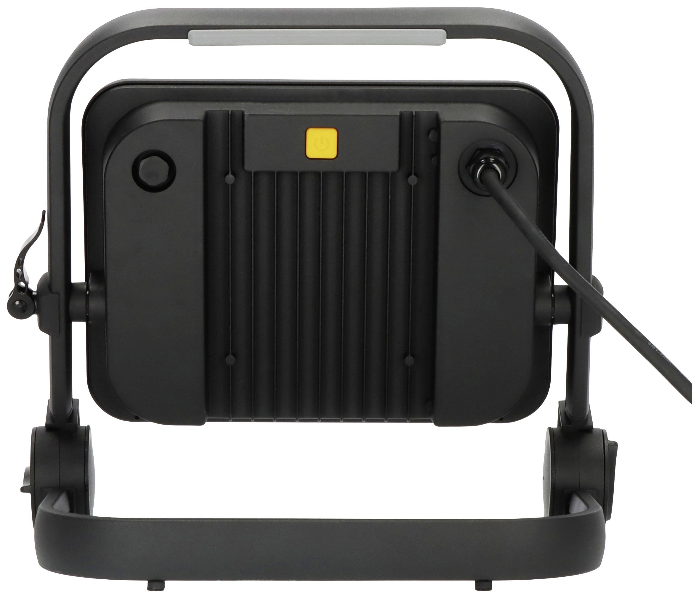 Rückansicht eines LEDs-Strahlers mit schwarzem Gehäuse und Kabelanschluss, geeignet für Outdoor-Beleuchtung.