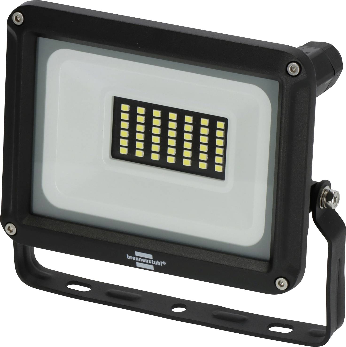 Schwarze LED-Flutlichtleuchte mit zentralem LED-Panel auf einer verstellbaren Montageklammer.