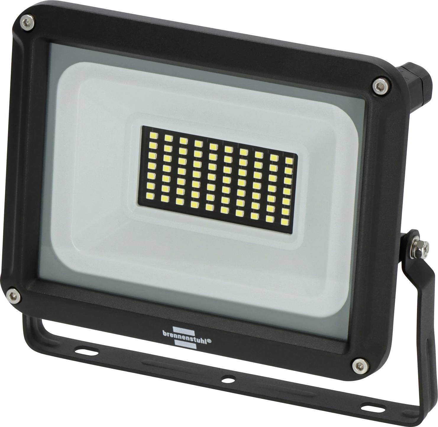 Schwarzer LED-Flutlicht mit Montagehalterung und zentralem Leuchtengitter, shown on a white background.