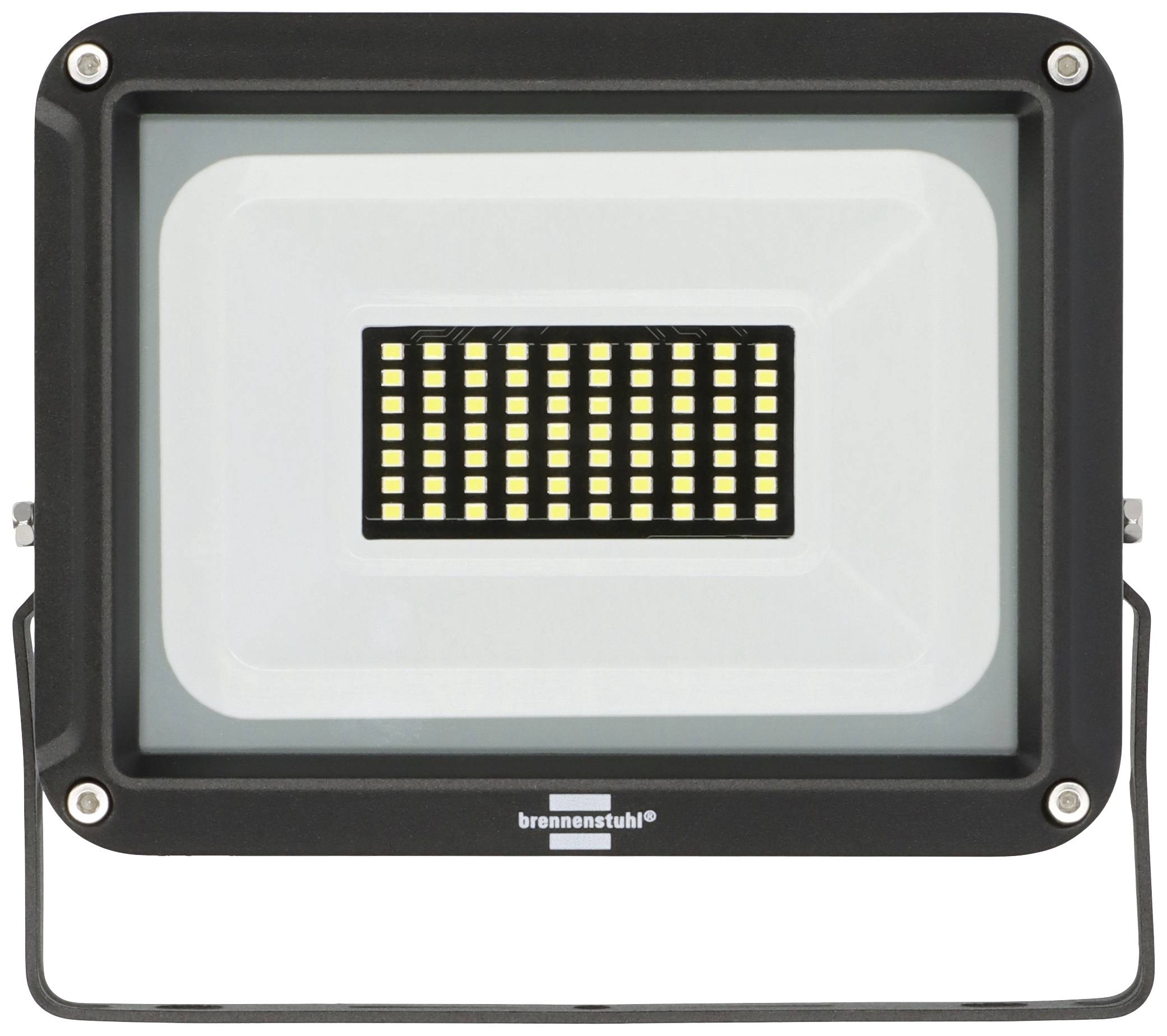 Flutlichtstrahler mit rechteckigem Gehäuse, vielen leuchtenden LED-Lampen auf der Vorderseite. Schwarzer Rahmen und Halterung.