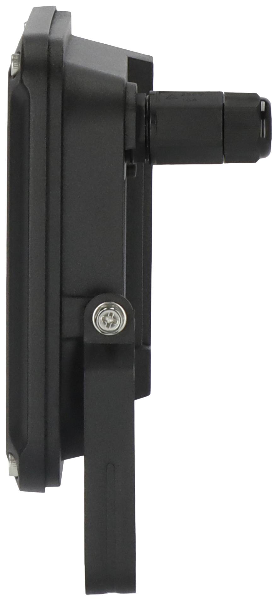 Seitenansicht eines schwarzen technischen Geräts mit einer hervorstehenden runden Komponente und einem klappbaren Standfuß.