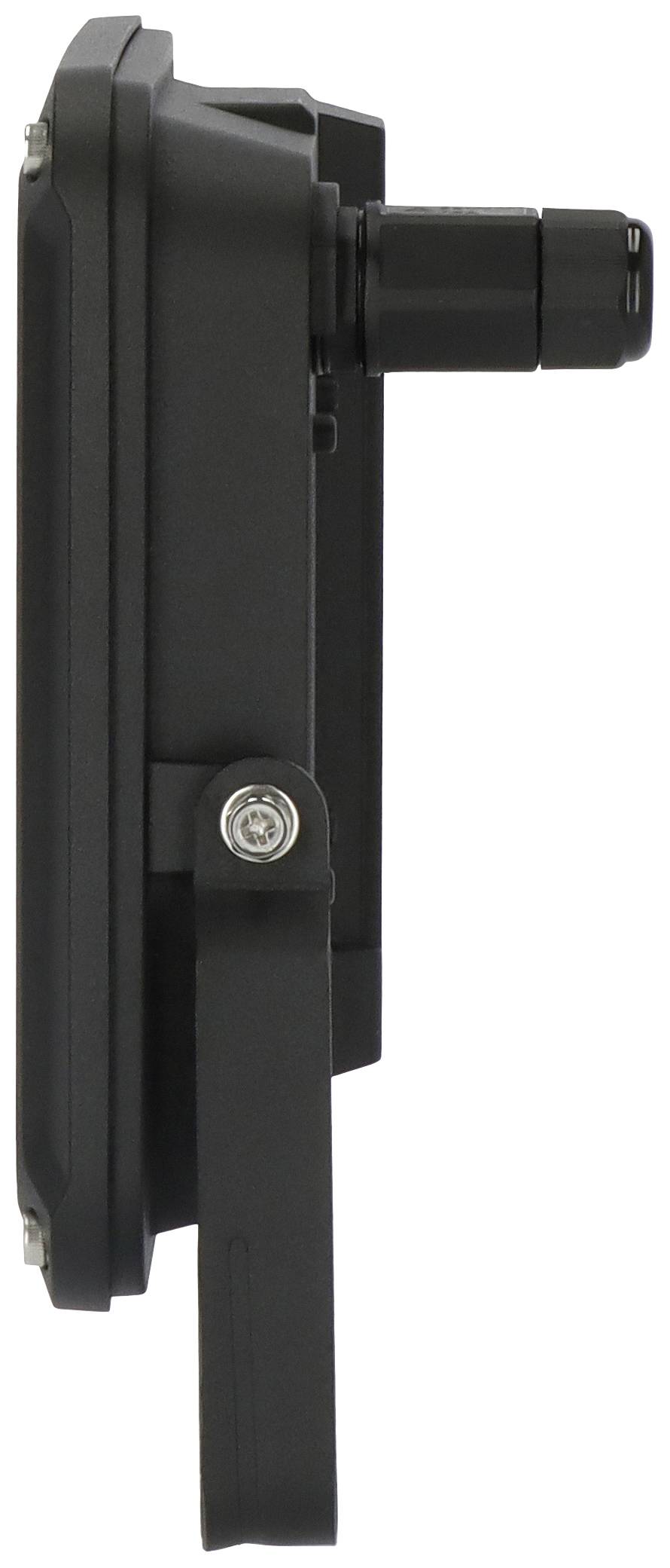 Seitenansicht eines schwarzen elektronischen Geräts mit einem abstehenden Drehknopf.