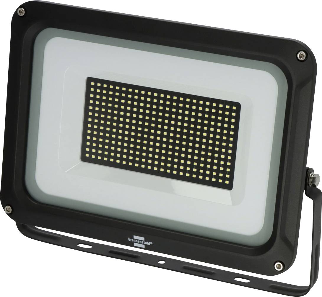 Schwarze LED-Flutlichter mit einem rechteckigen Panel aus kleinen LEDs in einem Schutzgehäuse und einer Montageklammer.