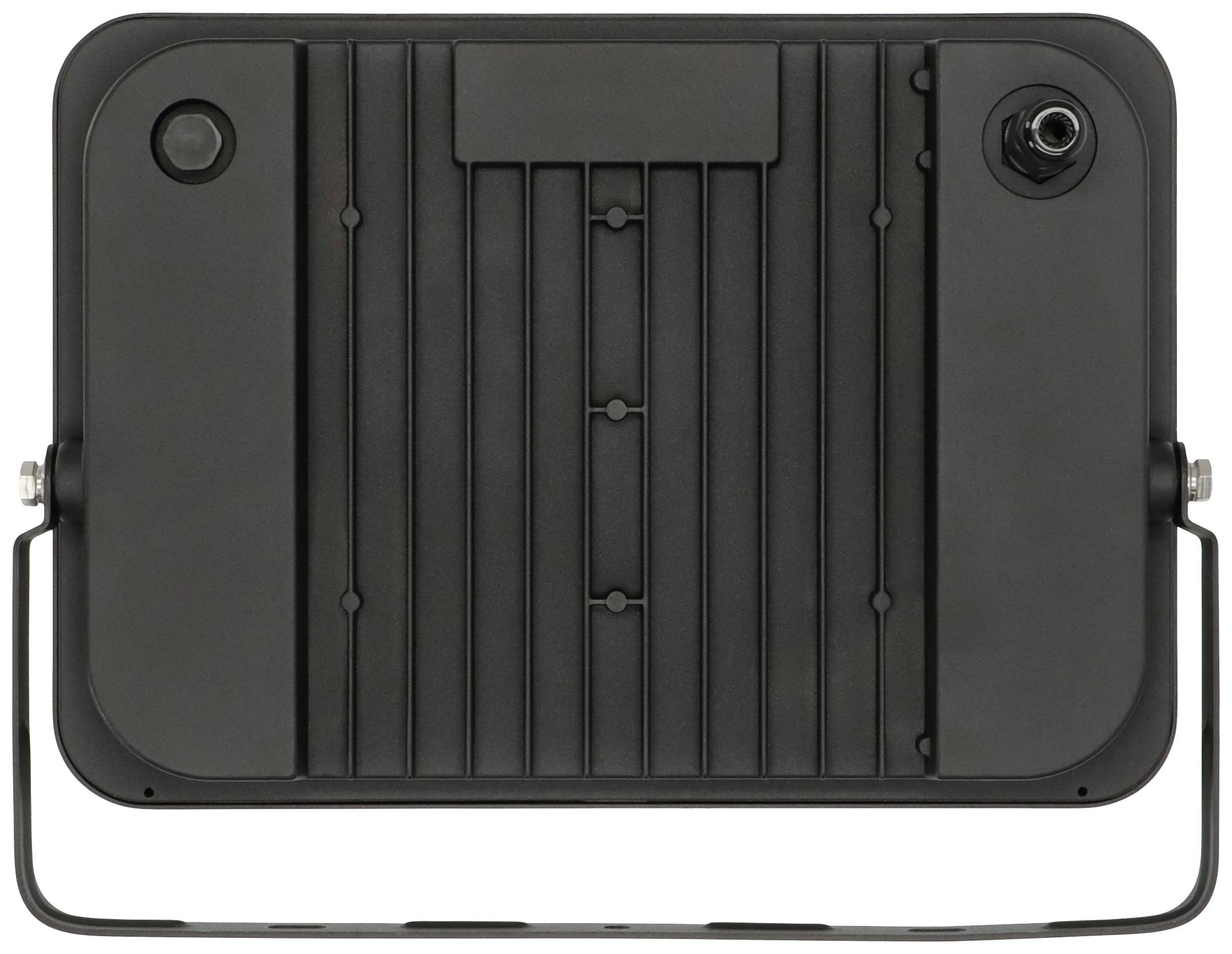 Schwarzer, rechteckiger Kunststoffgegenstand mit vertikalen Rillen und einem runden Anschluss oben rechts, Haken an den Seiten.