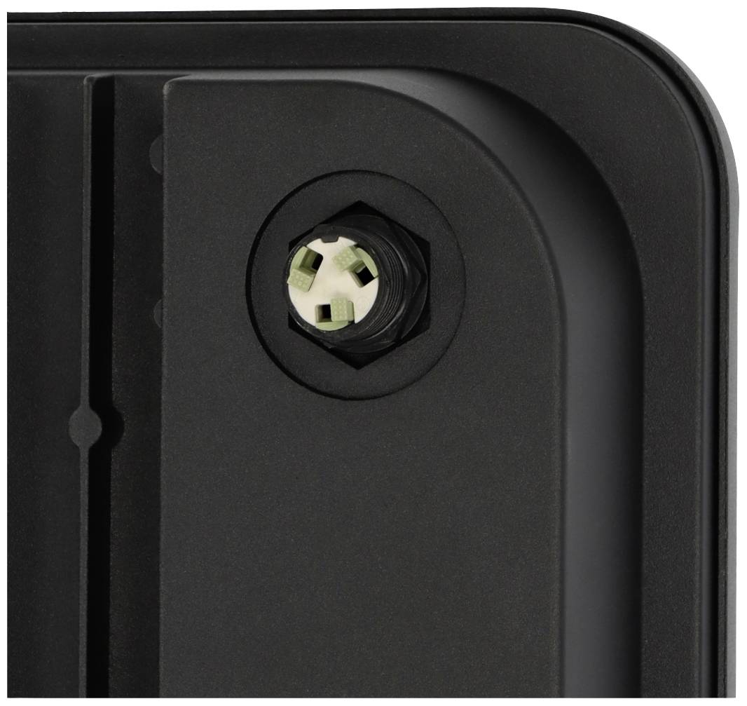 Schwarzes Winkelstück mit sechskantiger Stahlschraube in der Ecke, sichtbar an der Oberseite eines elektronischen Geräts.